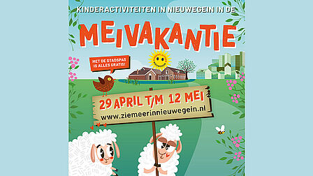Illustratie van twee schapen die een bord omhoog houden met tekst: kinderactiviteiten in Nieuwegein in de meivakantie. Met de Stadspas is alles gratis! 29 april t/m 12 mei. www.ziemeerinnieuwegein.nl