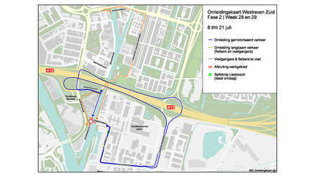 Kaart met omleiding tijdens werkzaamheden kruising Noordersluis/Liesboschbrug 